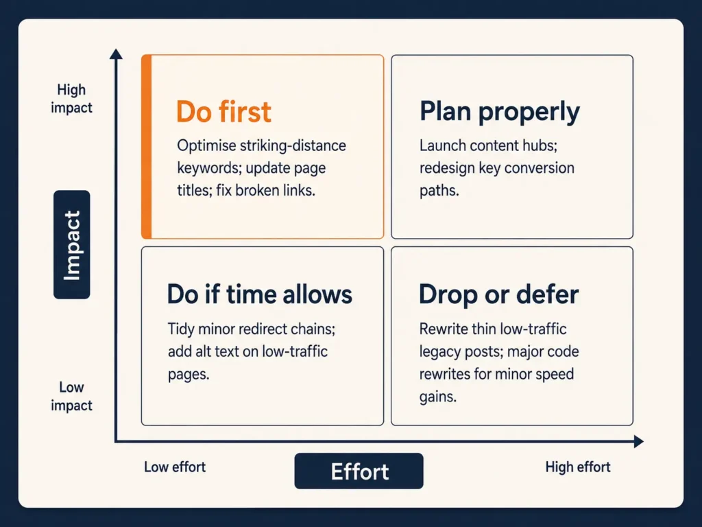 ChatGPT Image Jul 7, 2026, 12_05_06 PM SEO effort versus impact matrix showing which tasks to do first, plan, defer or drop.