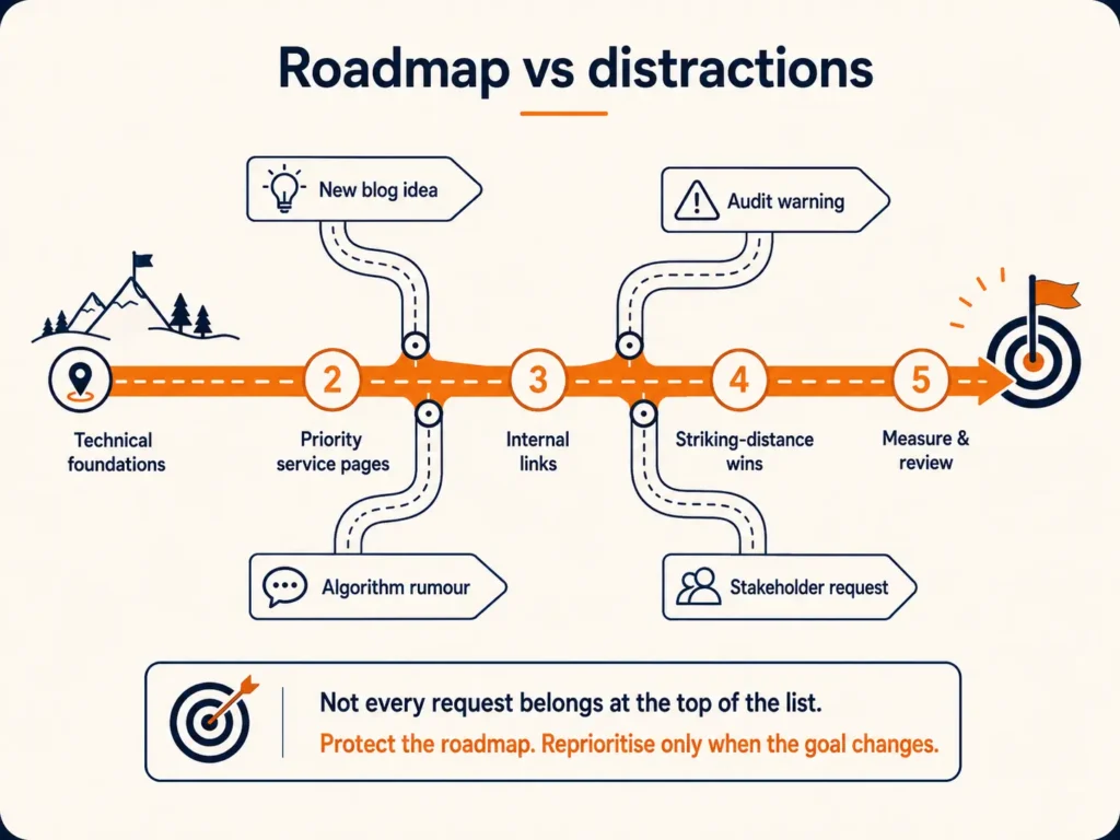 ChatGPT Image Jul 7, 2026, 12_30_30 PM SEO roadmap showing planned priorities alongside distracting side requests.