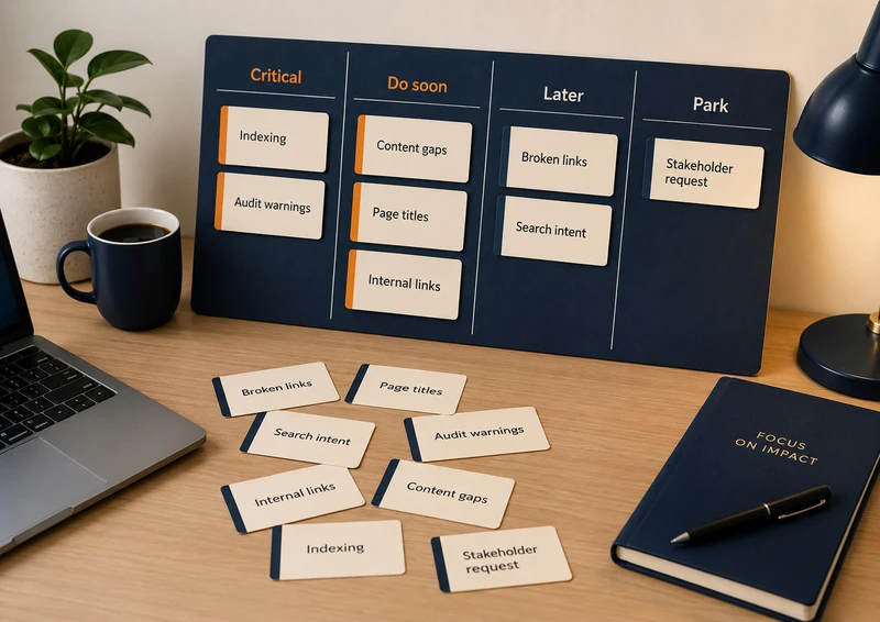 SEO task cards being organised into a priority board on a marketing manager’s desk.