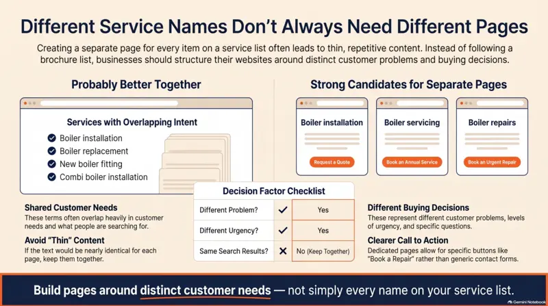 Infographic showing how to build web pages around distinct customer needs