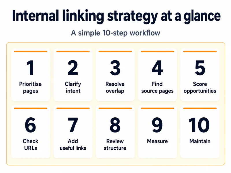 Graphic showing a 10-step workflow for an internal linking strategy